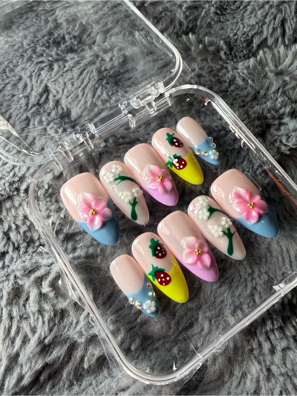 LARGE Pastel Floral & Strawberry Kids Press-On Nail Set - Pink, Blue, Yellow